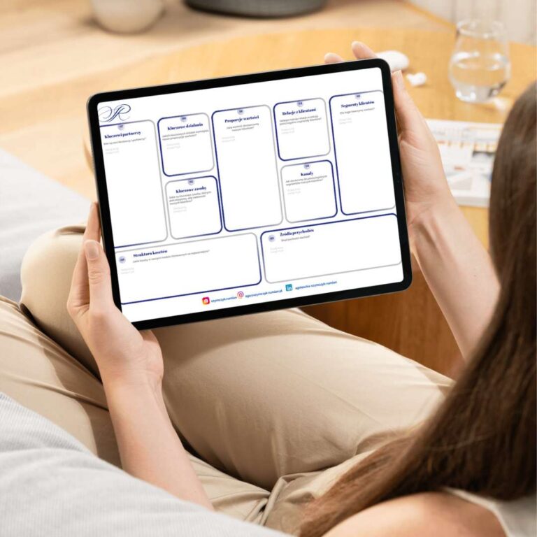 Kobieta trzyma tablet z wyświetlonym szablonem Business Model Canvas w estetycznym, jasnym wnętrzu. Praktyczne wykorzystanie modelu biznesowego w codziennym prowadzeniu firmy zgodnie z filozofią FlowSync.