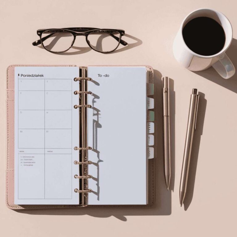 Estetyczne zdjęcie biurka z góry (flat lay) – otwarty, pudrowy planner obok filiżanki kawy i eleganckich złotych długopisów. Symbol świadomego planowania w modelu FlowSync.