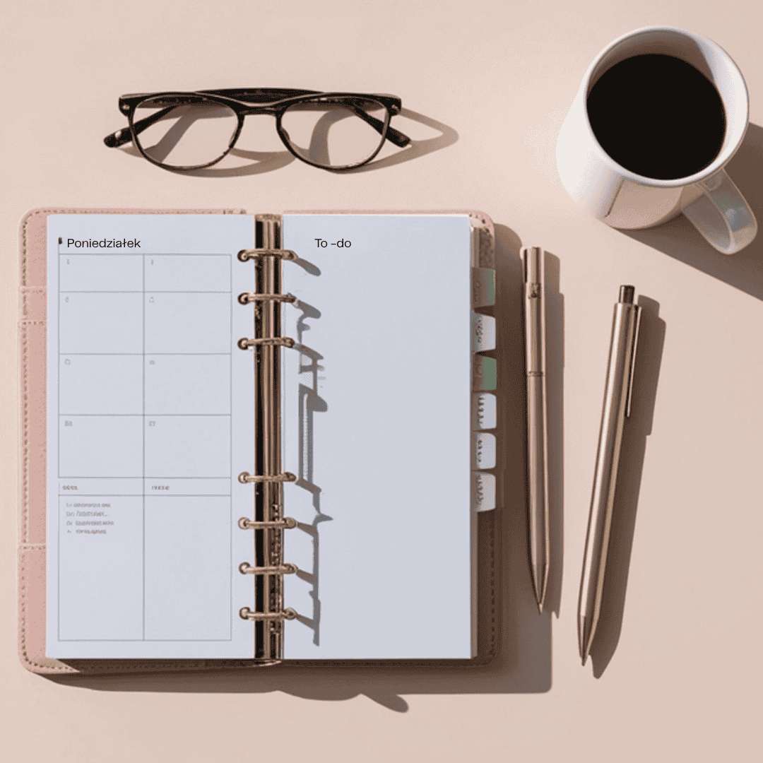 Estetyczne zdjęcie biurka z góry (flat lay) – otwarty, pudrowy planner obok filiżanki kawy i eleganckich złotych długopisów. Symbol świadomego planowania w modelu FlowSync.