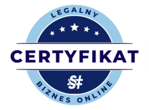 Oficjalny niebieski stempel Certyfikat Legalny Biznes Online potwierdzający zgodność prawną, transparentność oraz bezpieczeństwo transakcji w sklepie internetowym szymczykrumian.pl.