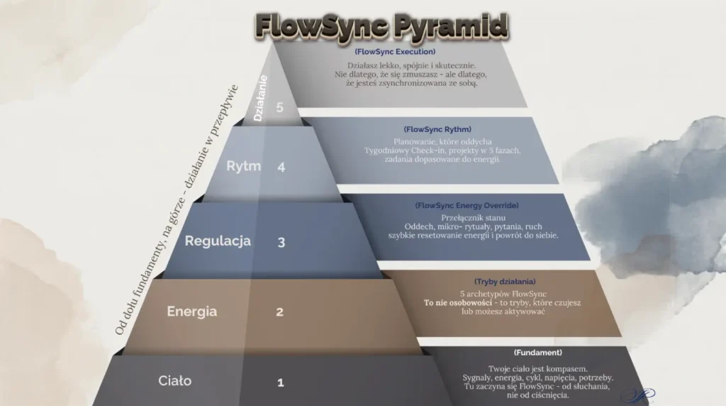 Piramida FlowSync przedstawiająca ucieleśnioną produktywność dla kobiet podzieloną na 5 poziomów synchronizacji ciała i twardej strategii biznesowej